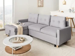 Divano letto angolare 4 posti FLAKK Tessuto Grigio chiaro con contenitore Lato destro