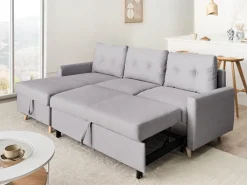 Divano letto angolare 4 posti FLAKK Tessuto Grigio chiaro con contenitore Lato destro