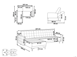 Divano letto angolare modulare 4 posti ABERDEEN Velluto Grigio chiaro Lato destro