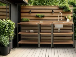 Isola per cucina esterna con lavello IVREA Legno di acacia certificato Marrone/Argento