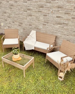 Set divani con tavolino MARSALA Rattan sintetico (PE) Marrone chiaro