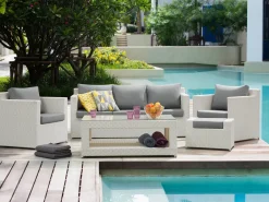 Set salotto da giardino con tavolo e pouf 6 posti ROMA Rattan sintetico (PE) Bianco