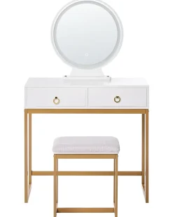 Toeletta con specchio e sgabello AUXON LED Bianco