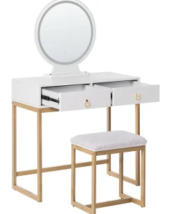 Toeletta con specchio e sgabello AUXON LED Bianco