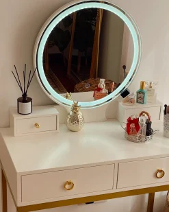 Toeletta con specchio e sgabello AUXON LED Bianco