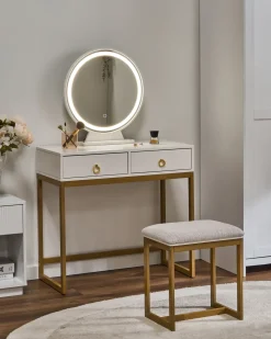 Toeletta con specchio e sgabello AUXON LED Bianco