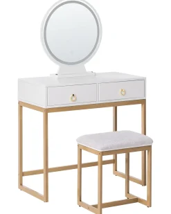 Toeletta con specchio e sgabello AUXON LED Bianco